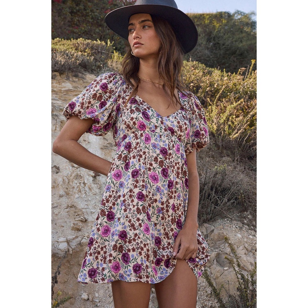 Saltwater Luxe Breelyn Floral Puff Sleeve Mini Dress Open Back Tie Small NWT